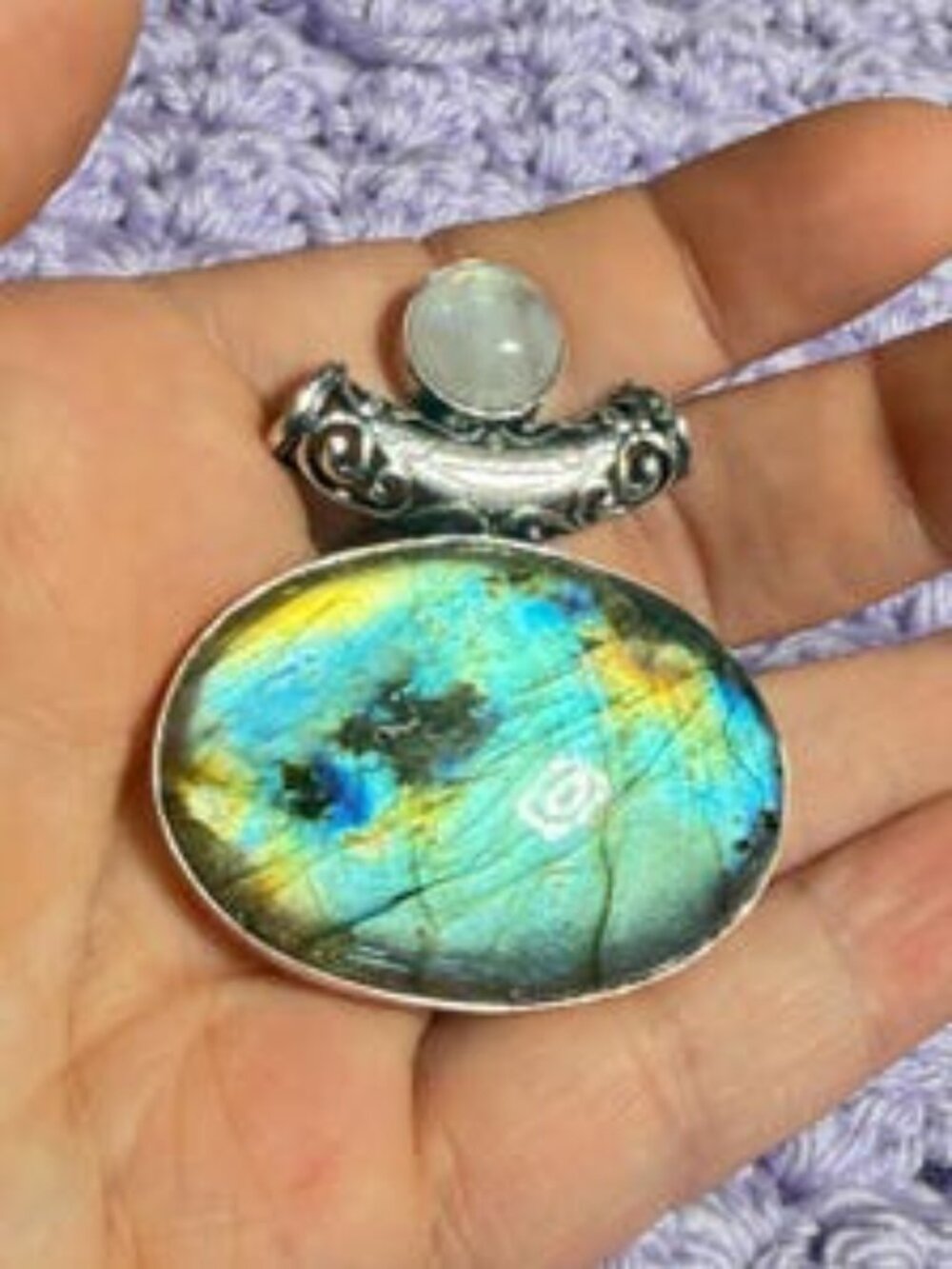 Moonstone & Labradorite Pendant Blue Gold Flash Natural Gemstone Handmade OOAK